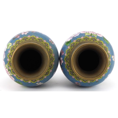 529 - Pair of Chinese Jingfa cloisonne baluster vases raised on hardwood stands enamelled with flowers, ea... 