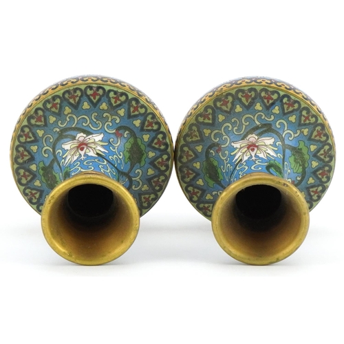 530 - Pair of Chinese cloisonne vases raised on hardwood stands enamelled with flowers amongst scrolling f... 