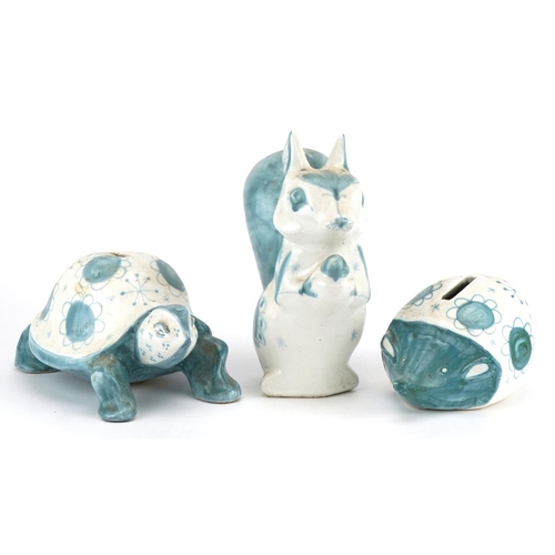 540 - Three Rye Pottery moneyboxes by David Sharp comprising a squirrel, hedgehog and tortoise, the larges... 