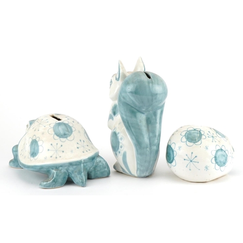 540 - Three Rye Pottery moneyboxes by David Sharp comprising a squirrel, hedgehog and tortoise, the larges... 