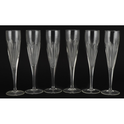 518 - Set of six good quality early 20th century cut glass Champagne flutes, each 24cm high