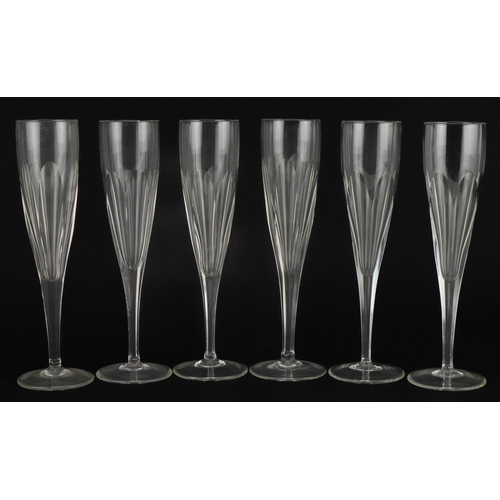 518 - Set of six good quality early 20th century cut glass Champagne flutes, each 24cm high