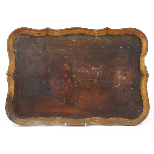 2426 - Antique wooden tray hand painted with figures in a village, 64cm x 44cm