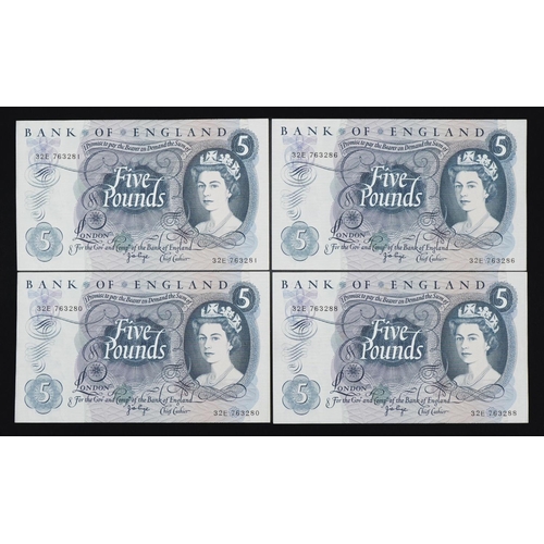 1616 - Four Elizabeth II Bank of England five pound banknotes, each Chief Cashier G B Page, two with consec... 