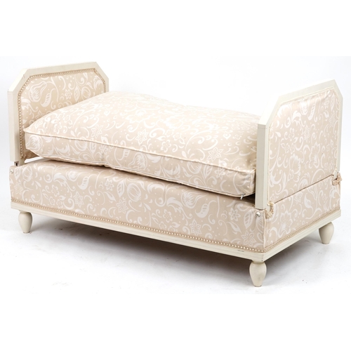 2076 - Contemporary French style cream painted drop end day bed with white and beige floral upholstery, 76c... 