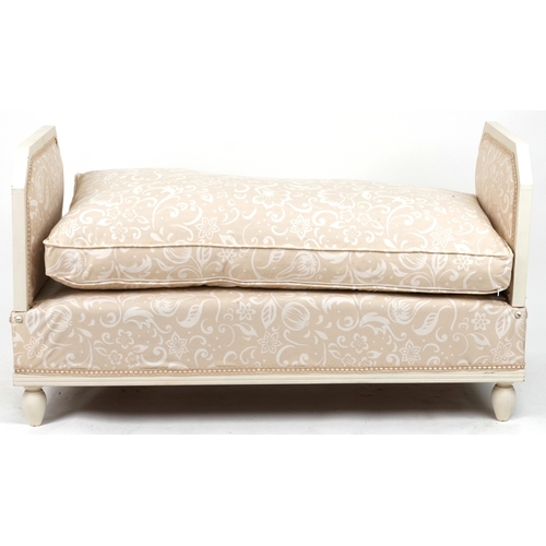 2076 - Contemporary French style cream painted drop end day bed with white and beige floral upholstery, 76c... 