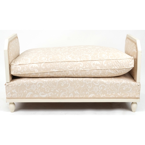 2076 - Contemporary French style cream painted drop end day bed with white and beige floral upholstery, 76c... 