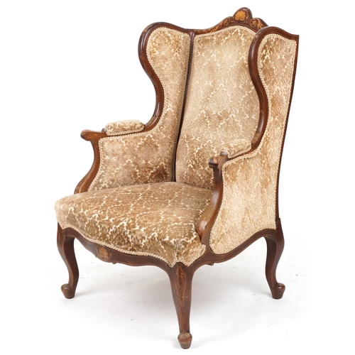 2033 - Edwardian inlaid mahogany wingback armchair with floral upholstery, 111cm high