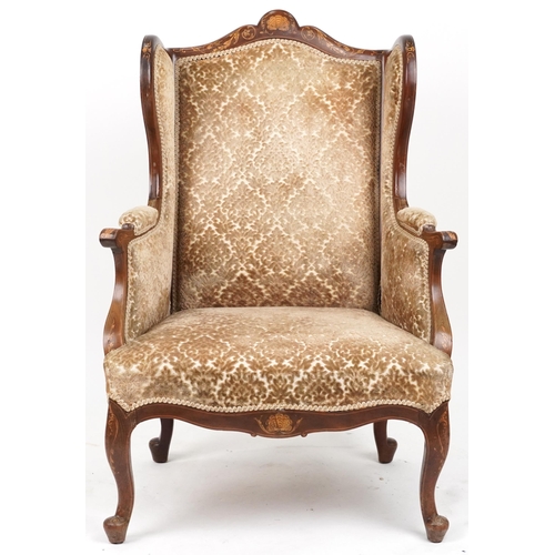 2033 - Edwardian inlaid mahogany wingback armchair with floral upholstery, 111cm high