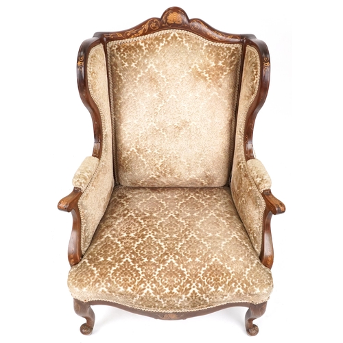 2033 - Edwardian inlaid mahogany wingback armchair with floral upholstery, 111cm high