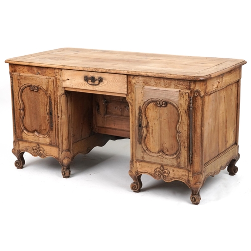 2030 - Provincial French fruit wood desk fitted with two cupboard doors and a drawer, 75cm high x 141.5cm W... 