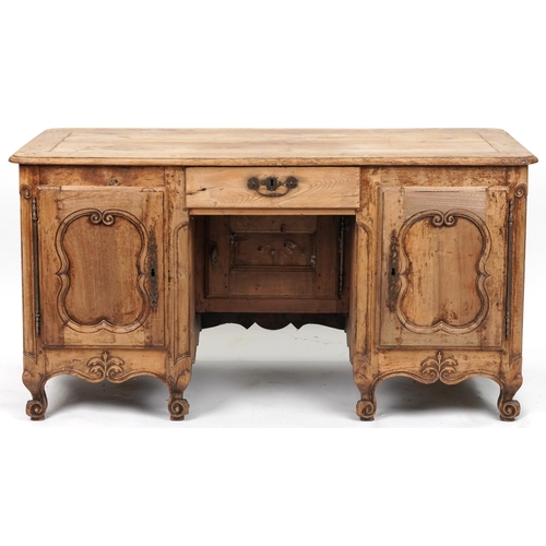 2030 - Provincial French fruit wood desk fitted with two cupboard doors and a drawer, 75cm high x 141.5cm W... 