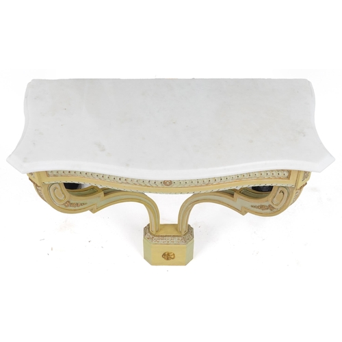 2049 - French cream and gilt painted console table with marble top, 85.5cm H x 84cm W x 43cm D