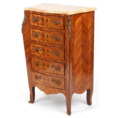 2036 - French inlaid serpentine front five drawer chest with marble top and gilt metal mounts, 98cm H x 64c... 