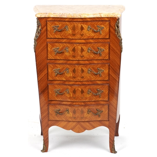 2036 - French inlaid serpentine front five drawer chest with marble top and gilt metal mounts, 98cm H x 64c... 