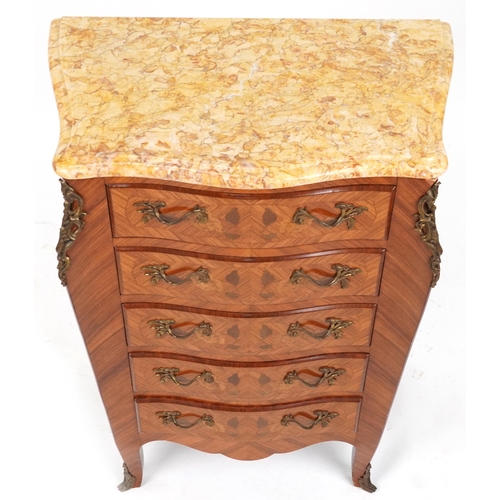 2036 - French inlaid serpentine front five drawer chest with marble top and gilt metal mounts, 98cm H x 64c... 