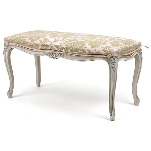 2158 - French cream painted duet stool with green and pink floral upholstery, 49cm H x 99cm W x 47cm D