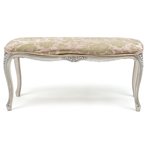 2158 - French cream painted duet stool with green and pink floral upholstery, 49cm H x 99cm W x 47cm D