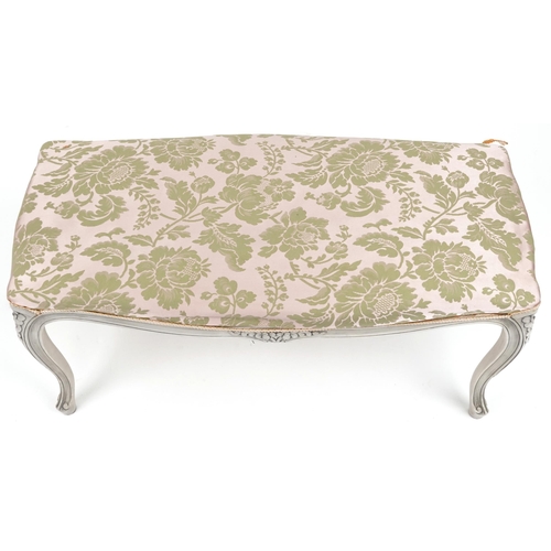 2158 - French cream painted duet stool with green and pink floral upholstery, 49cm H x 99cm W x 47cm D