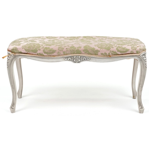 2158 - French cream painted duet stool with green and pink floral upholstery, 49cm H x 99cm W x 47cm D