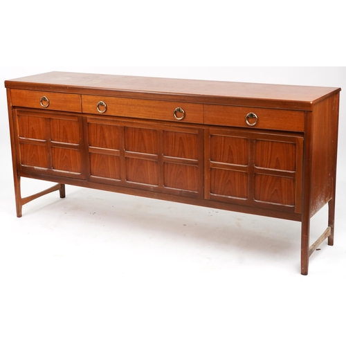 2084 - Nathan, mid century teak sideboard fitted with three drawers above three cupboard doors, 84cm H x 18... 