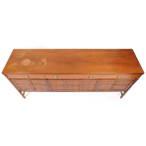 2084 - Nathan, mid century teak sideboard fitted with three drawers above three cupboard doors, 84cm H x 18... 