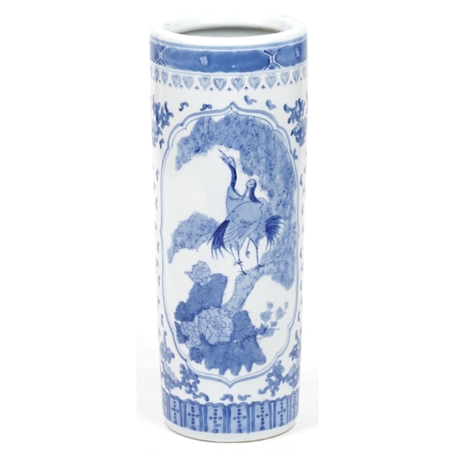 2685 - Chinese blue and white porcelain stick stand decorated with birds of paradise amongst flowers, 62cm ... 