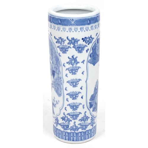 2685 - Chinese blue and white porcelain stick stand decorated with birds of paradise amongst flowers, 62cm ... 