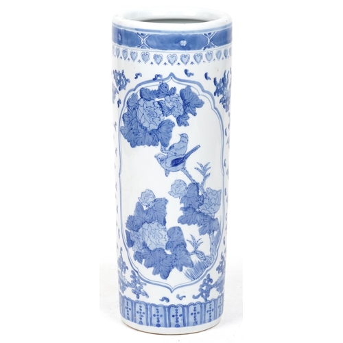 2685 - Chinese blue and white porcelain stick stand decorated with birds of paradise amongst flowers, 62cm ... 