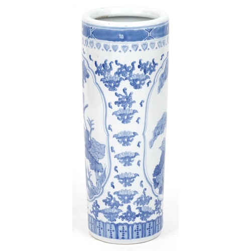 2685 - Chinese blue and white porcelain stick stand decorated with birds of paradise amongst flowers, 62cm ... 