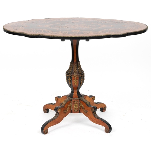 2001 - 19th century continental kingwood, ebony and marquetry inlaid tilt top centre table with shaped top ... 