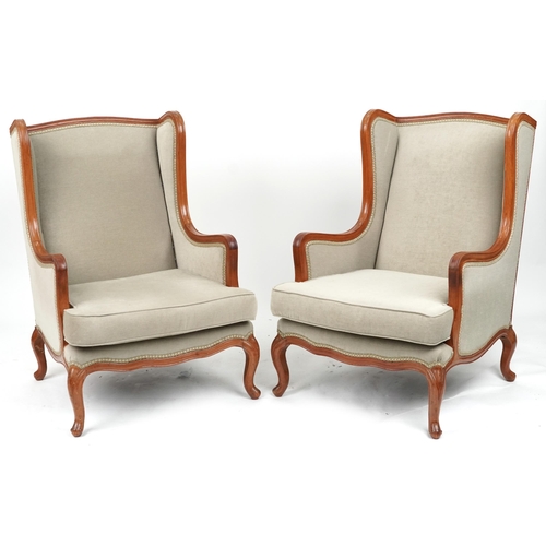 2102A - WITHDRAWN - Pair of mahogany showood framed wingback armchair with olive green upholstery on cabriol... 