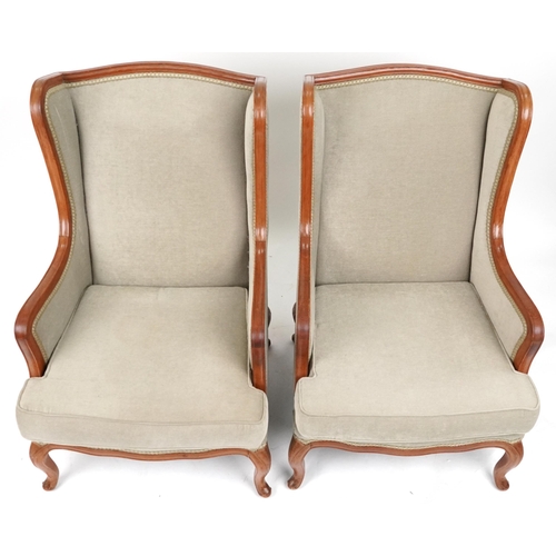 2102A - WITHDRAWN - Pair of mahogany showood framed wingback armchair with olive green upholstery on cabriol... 