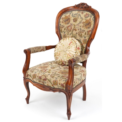 2073 - Victorian style armchair with floral upholstery on cabriole legs, 104cm high