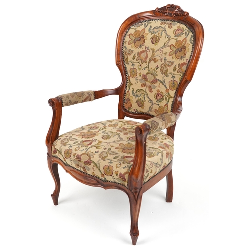 2073 - Victorian style armchair with floral upholstery on cabriole legs, 104cm high