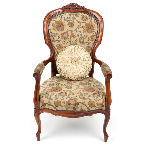 2073 - Victorian style armchair with floral upholstery on cabriole legs, 104cm high