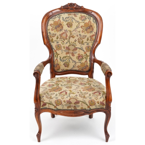 2073 - Victorian style armchair with floral upholstery on cabriole legs, 104cm high