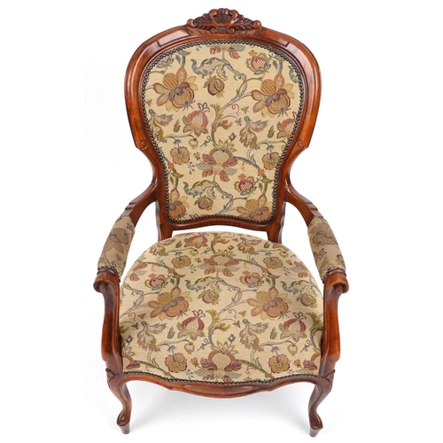 2073 - Victorian style armchair with floral upholstery on cabriole legs, 104cm high