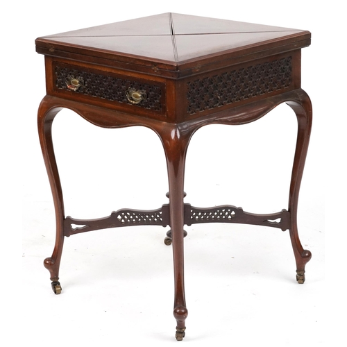 2018 - Edwardian mahogany envelope card table with tooled leather insert and green baize interior on cabrio... 