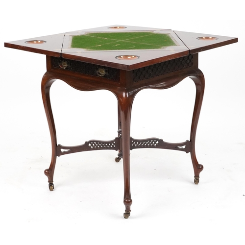 2018 - Edwardian mahogany envelope card table with tooled leather insert and green baize interior on cabrio... 