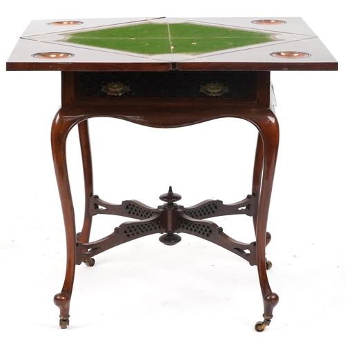 2018 - Edwardian mahogany envelope card table with tooled leather insert and green baize interior on cabrio... 