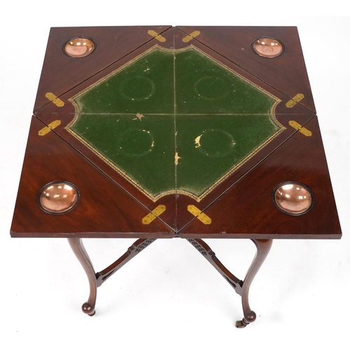 2018 - Edwardian mahogany envelope card table with tooled leather insert and green baize interior on cabrio... 