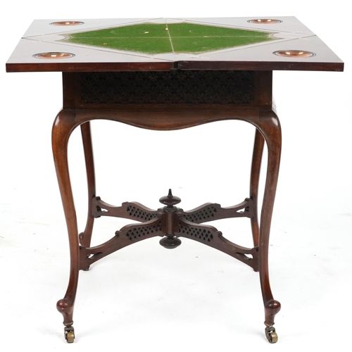 2018 - Edwardian mahogany envelope card table with tooled leather insert and green baize interior on cabrio... 