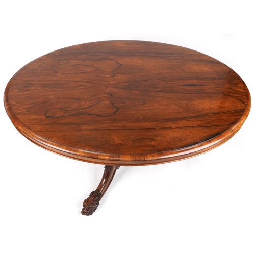 2017 - WITHDRAWN - Victorian rosewood tilt top breakfast table with carved bulbous column on lion mask feet... 