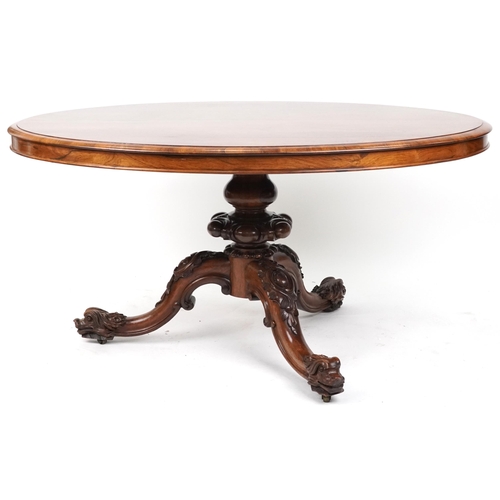 2017 - WITHDRAWN - Victorian rosewood tilt top breakfast table with carved bulbous column on lion mask feet... 