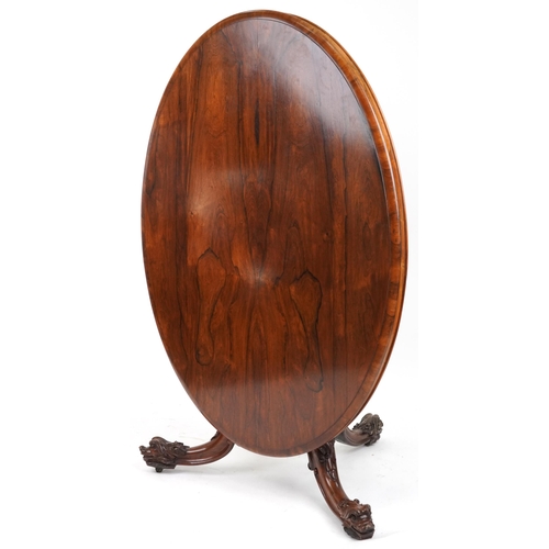 2017 - WITHDRAWN - Victorian rosewood tilt top breakfast table with carved bulbous column on lion mask feet... 