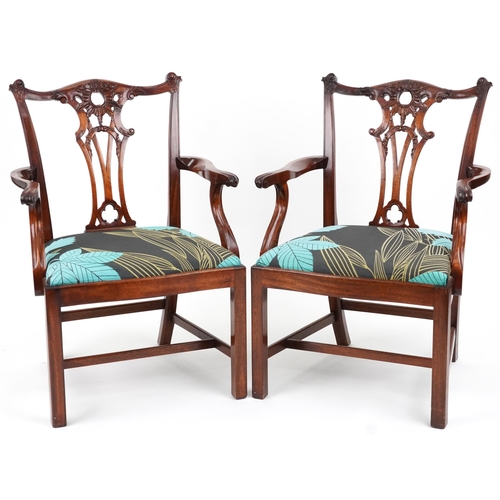 2090 - WITHDRAWN - Pair of Chippendale style mahogany carver chairs with pierced slats and floral upholster... 