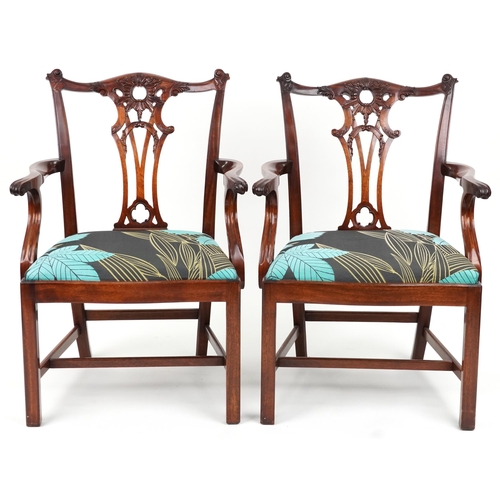 2090 - WITHDRAWN - Pair of Chippendale style mahogany carver chairs with pierced slats and floral upholster... 