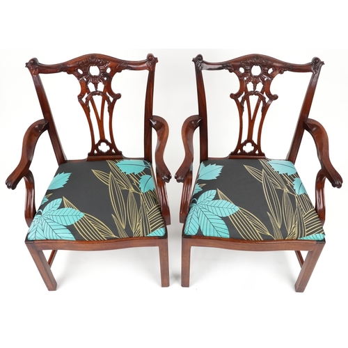 2090 - WITHDRAWN - Pair of Chippendale style mahogany carver chairs with pierced slats and floral upholster... 