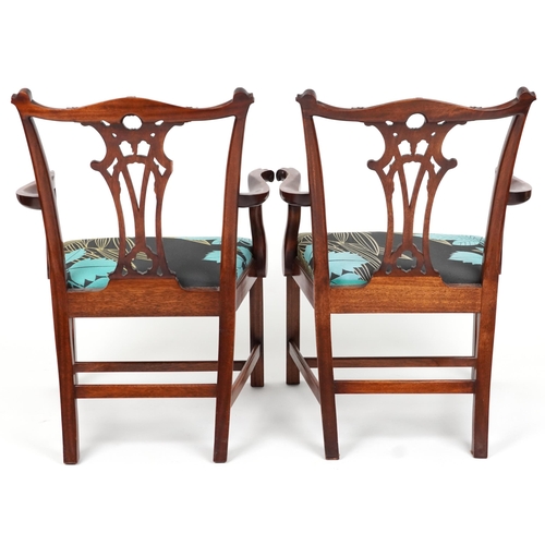 2090 - WITHDRAWN - Pair of Chippendale style mahogany carver chairs with pierced slats and floral upholster... 